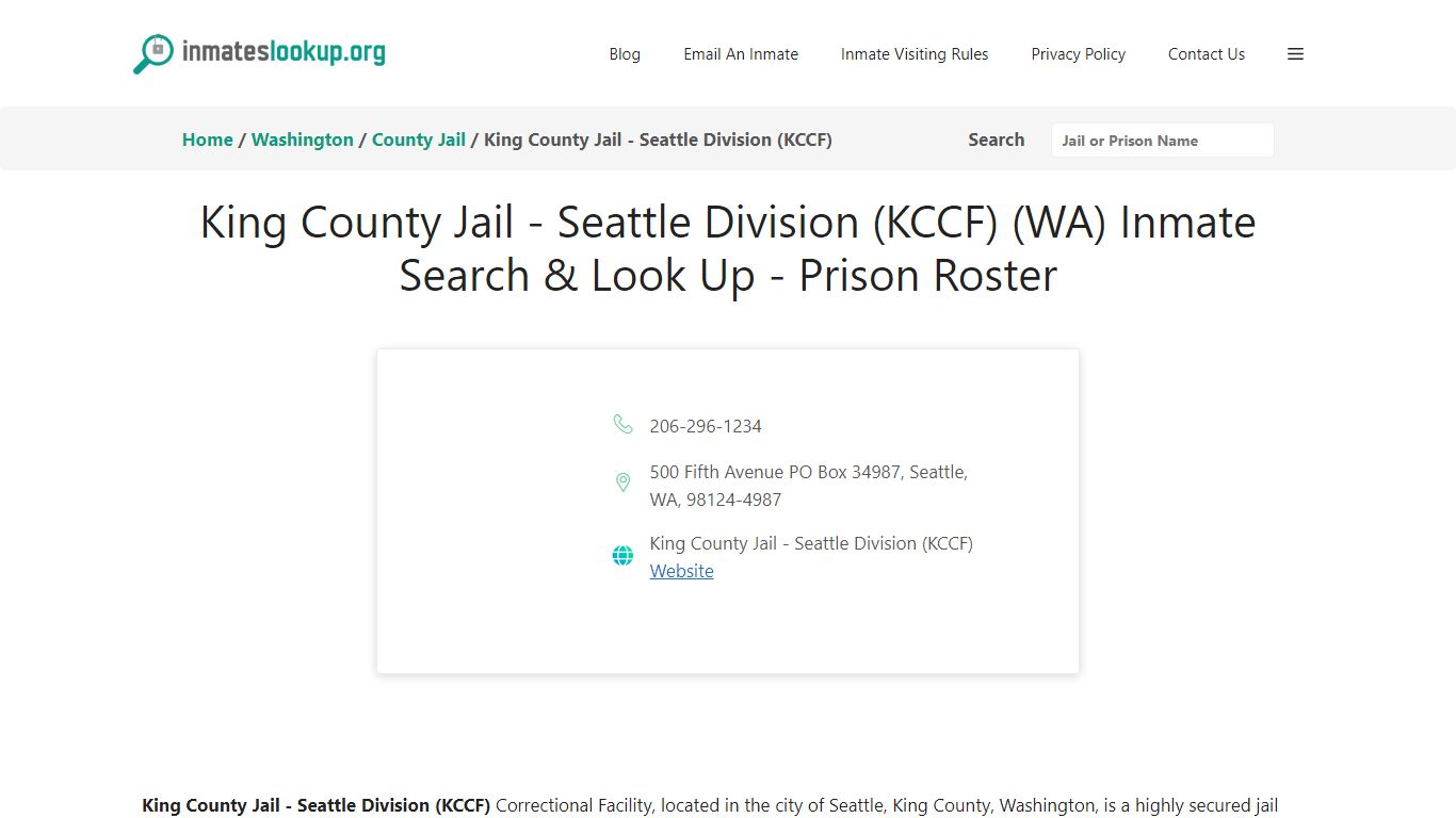 King County Jail - Seattle Division (KCCF) (WA) Inmate Search & Look Up ...